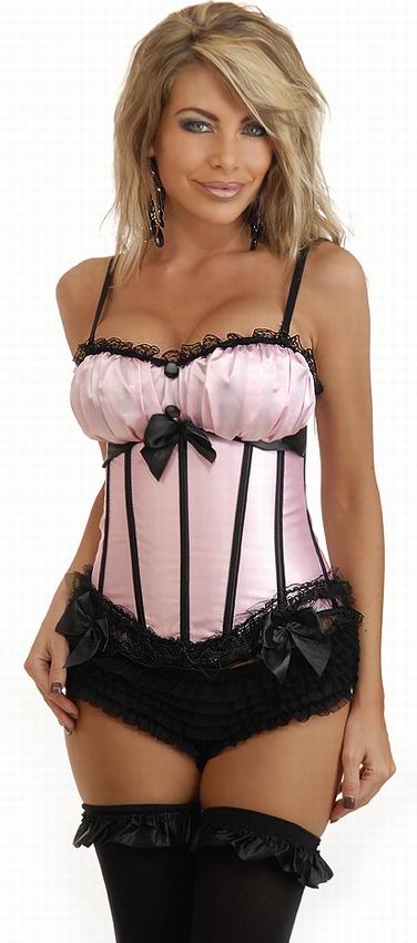 Pink Innocent Satin Black Vertical Stripes Corset